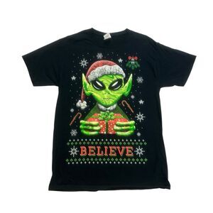 Alien Christmas Shirt Mens Medium M Black Believe Short Sleeve Holiday Cotton